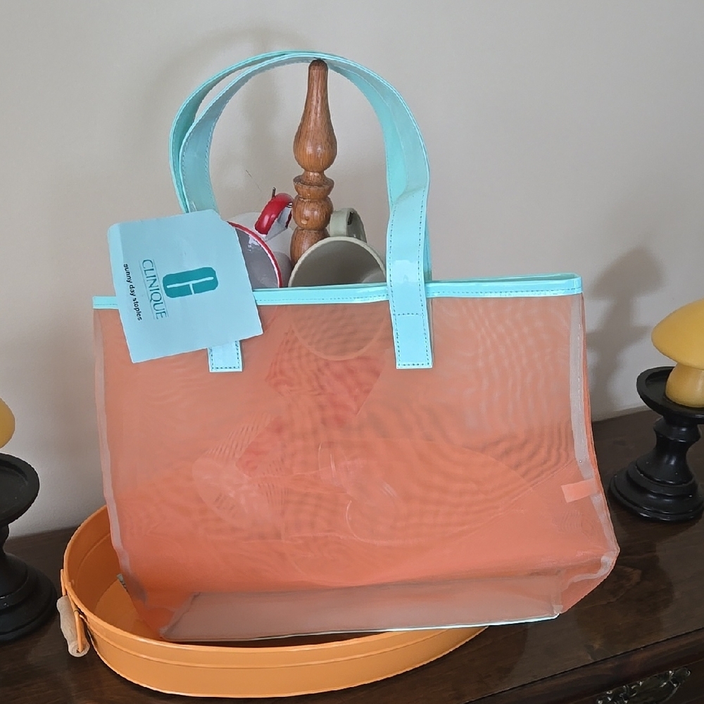 Clinique Orange and Blue Tote Bag with Structured Design